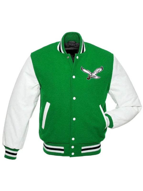 Classic Retro Philadelphia Eagles Cream and Green Varsity Jacket