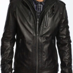 7 Diamonds Black Leather Jacket With Detachable Hoodie