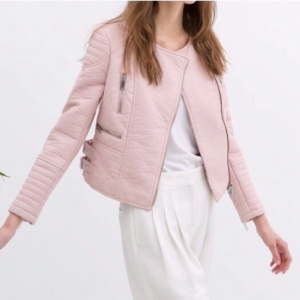 Women's Pink Zara Double Breasted Faux Leather Moto Jacket