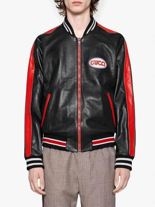 Gucci Black Faux Leather Pool Patch Web Striped Bomber Jacket