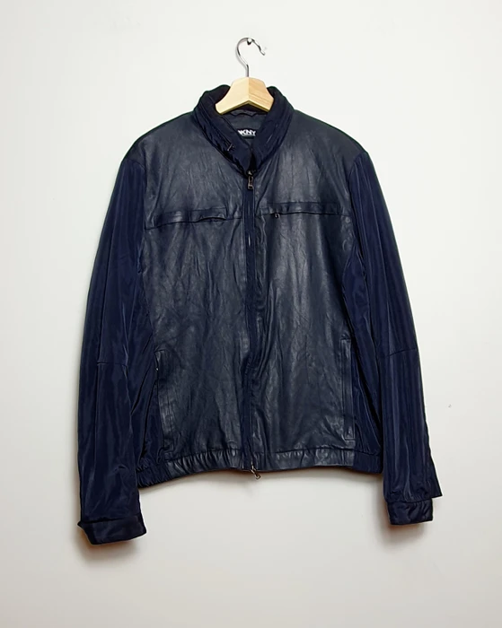 Men's Dkny Bomber Navy Faux Leather Jacket