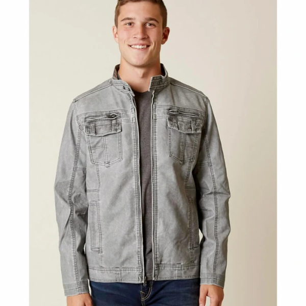 New Bke Gray Faux Leather Athletic Fit Jacket