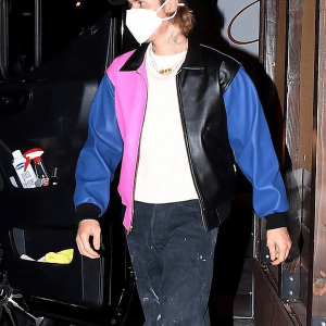 Justin Bieber Tricolor Faux Leather Bomber Jacket