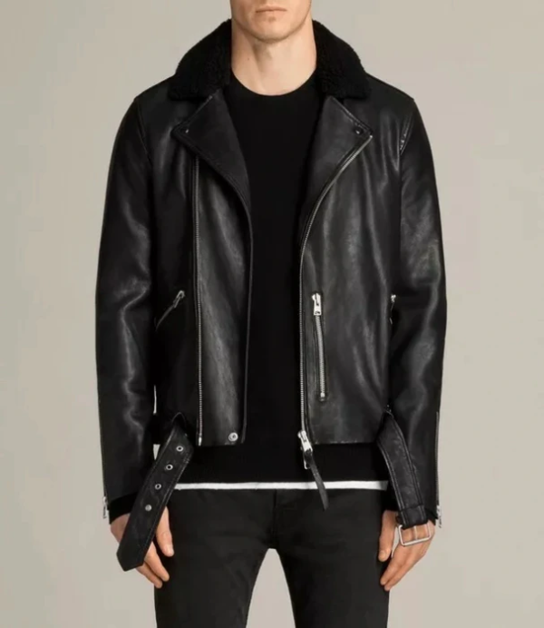 Men's Black Leather Biker Jacket With Shearling Collar