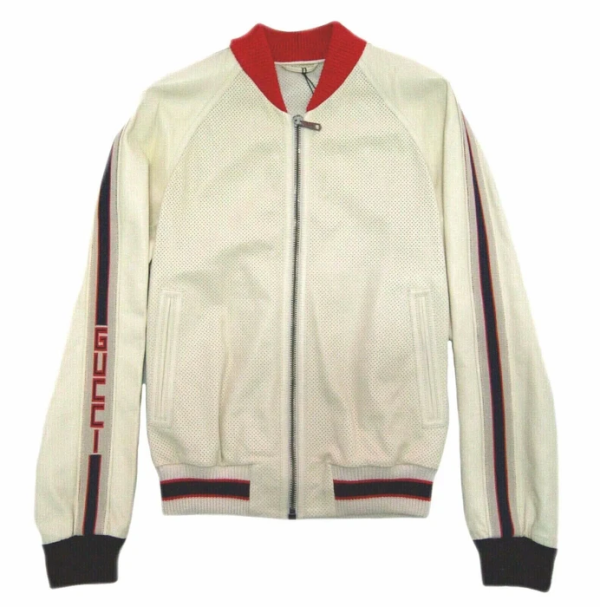 Gucci Logo Printed Perforated White Leather Jacket