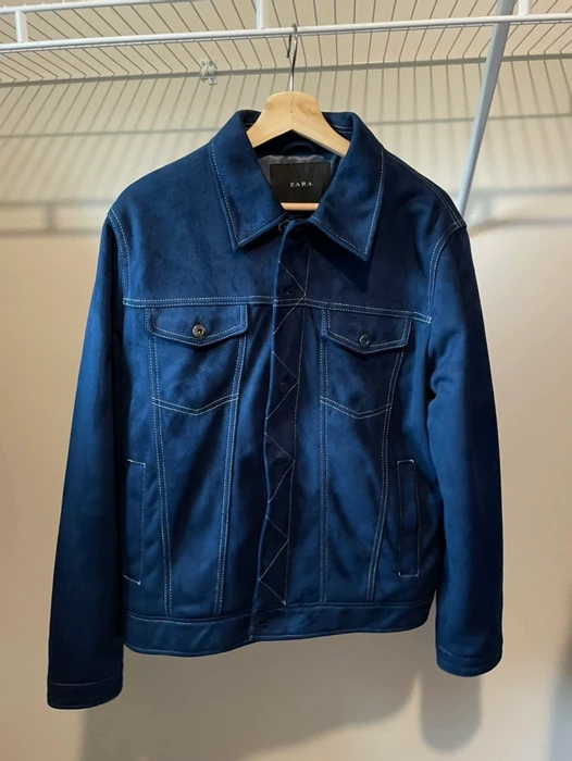 Zara Blue Faux Suede Zip Front Trucker Leather Jacket