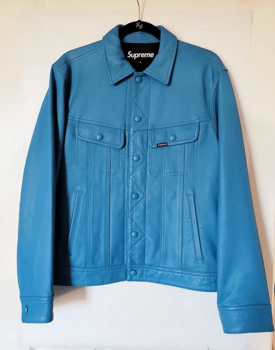 Supreme Blue Faux Leather Trucker Jacket