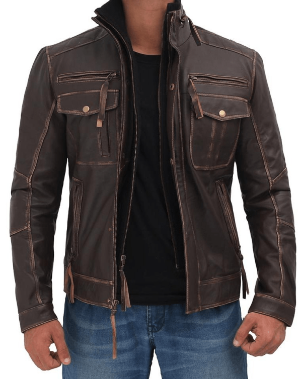 Mens Vintage Brown Faux Leather Motorcycle Jacket