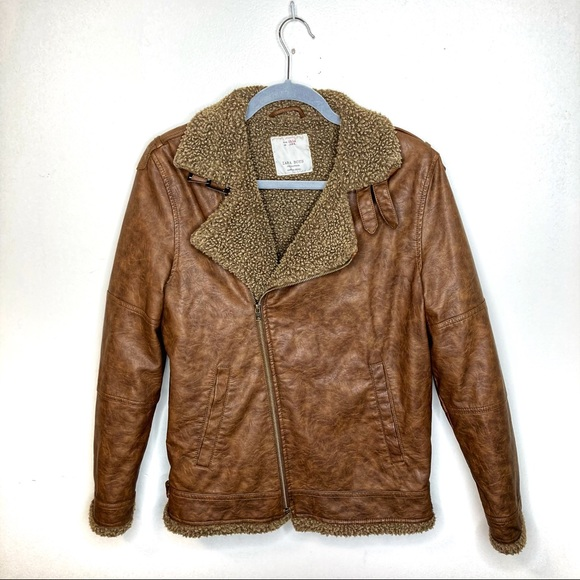 Zara Boys Collection Brown Faux Leather Bomber Jacket