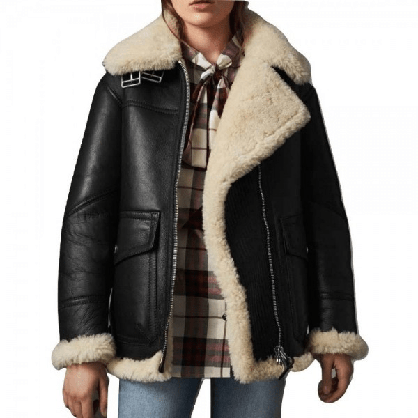 Womens Black Aviator Ivory Shearling Leather Jacket