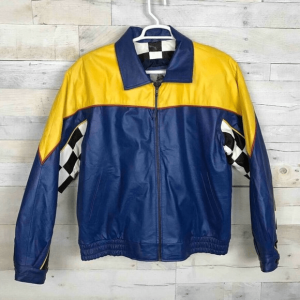 Burks Bay Leather Bomber Blue Yellow Jacket