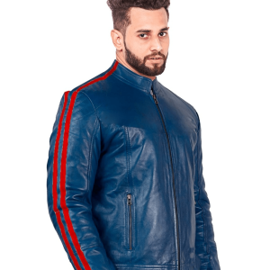 Blue Leather Jacket With Red Stripes