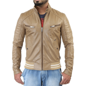 Mens Biker Style Beige Leather Jacket