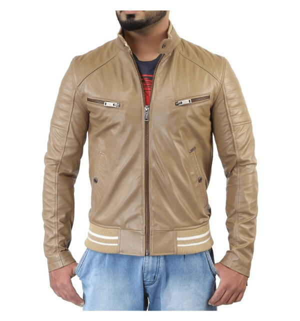Men's Biker Style Beige Light Brown Leather Jacket