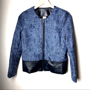 Ecru Tweed And Blue Leather Zip Front Jacket