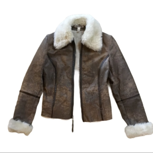 Women's Express Faux Fur Brown Leather Bomber Jacket