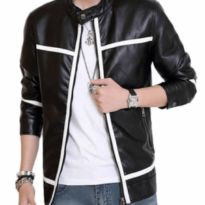 Mens Biker White Striped Leather Jacket