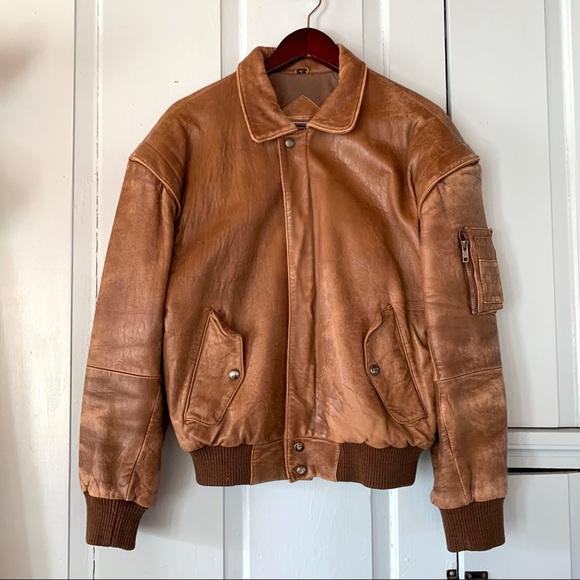Vintage Distressed Brown Faux Leather Bomber Jacket