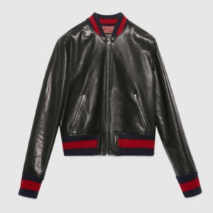 Gucci Embroidered Black Leather Bomber Jacket