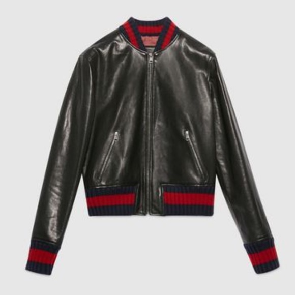Gucci Embroidered Black Faux Leather Bomber Jacket