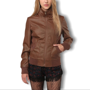 Women's Sparkle & Fade Brown Faux Leather Bomber Jacket