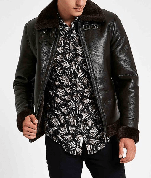 Men’s Belted Collar Bomber Dark Brown Faux Leather Jacket