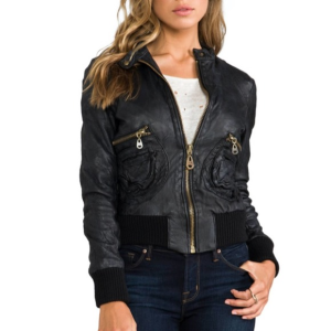 Women's Doma Black Leather Bomber Jacket