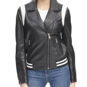 Women’s Bomber White Striped Black Faux Leather Jacket