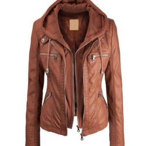 Women’s Casual Wear Brown Faux Leather Jacket With Hood