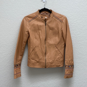 Super Cute Detailed Brown Faux Leather Jacket