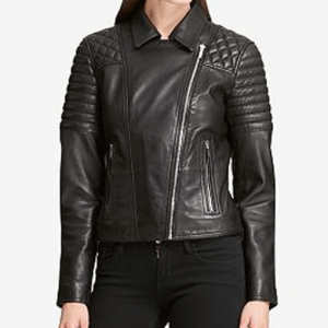 Women’s Quilted Shoulder Biker Black Faux Leather Jacket