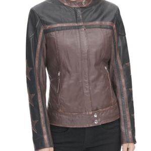 Women’s Stars Sleeves Design Dark Brown Leather Jacket