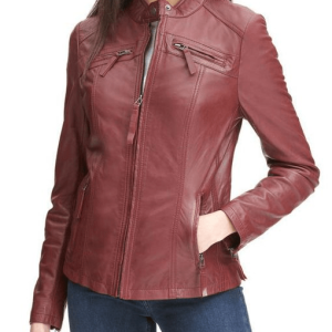 Women’s Scuba Zipper Pockets Red Faux Leather Jacket