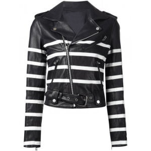 Women's Black And White Striped Leather Biker Jacket