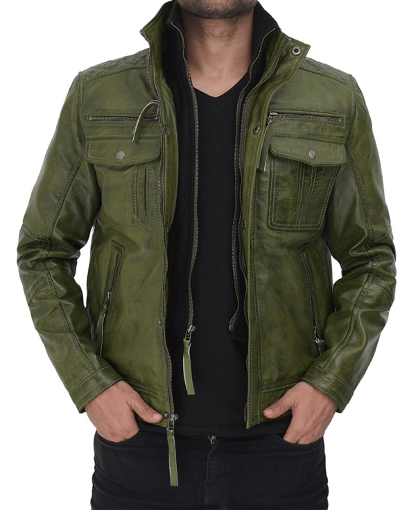 Mens Moffit Distressed Dark Green Leather Jacket