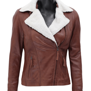 Women's Gela Waxed Leather Tan Brown Shearling Jacket