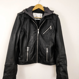 Doma Hooded Black Leather Moto Jacket