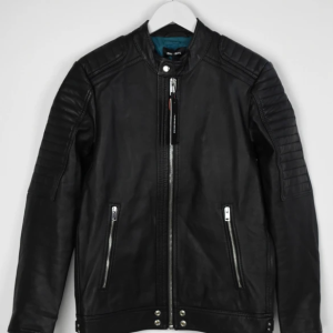 Mens Band Collar Black Leather Biker Jacket