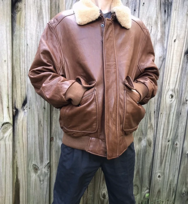 Mens Brown Faux Leather Aviator Bomber Jacket