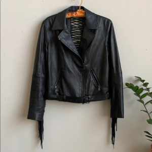 Haute Hippie Fringe Black Leather Moto Jacket