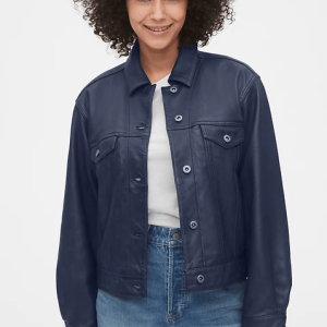 Women Gap Dark Blue Leather Jacket