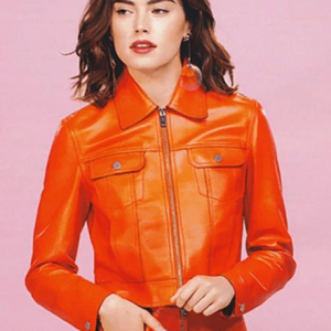 Daisy Ridley Orange Leather Jacket