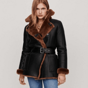 Esta Womens Black Leather Shearling Coat