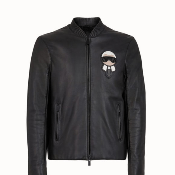 Fendi Men Bomber Biker Black Leather Jacket