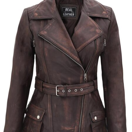 Four Pocket Asymmetrical Distressed Brown Leather Biker Jacket