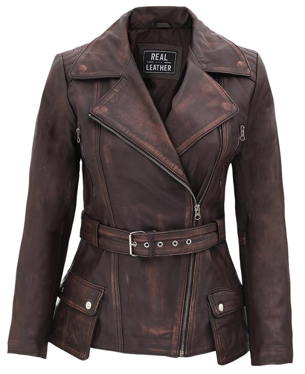 Four Pocket Asymmetrical Distressed Brown Leather Biker Jacket