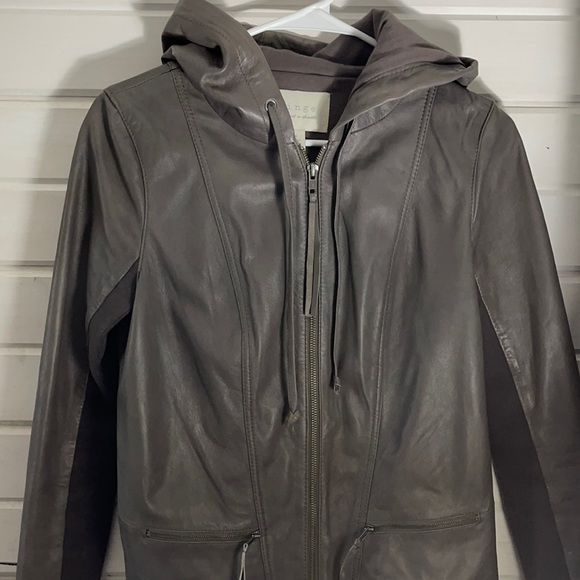 Hinge Women’s Gray Hooded Leather Jacket