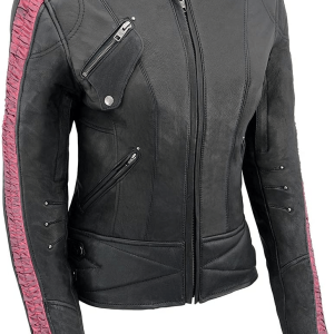 Ladies Black And Pink Crinkled Arm Leather Jacket