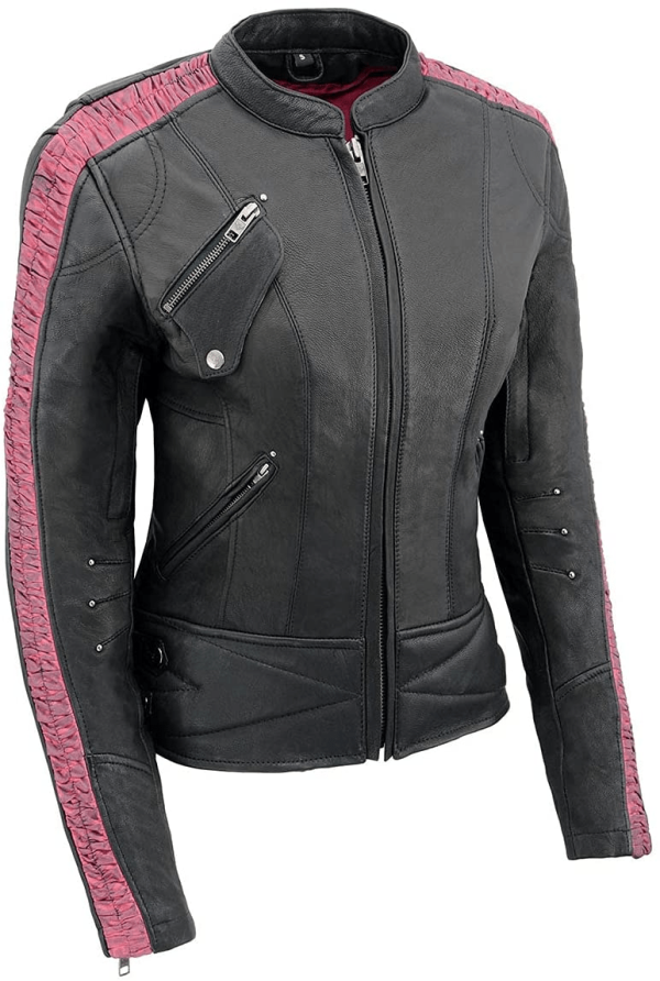 Ladies Black And Pink Crinkled Arm Leather Jacket