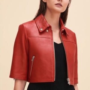 Maje Brittany Cropped Red Leather Jacket